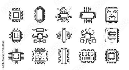 Set of stylized electronic circuit components and microchips iconographic collection for technology and computing designs vector