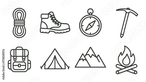 Camping equipment icons: rope, boot, compass, ice axe, backpack, tent, mountains, campfire