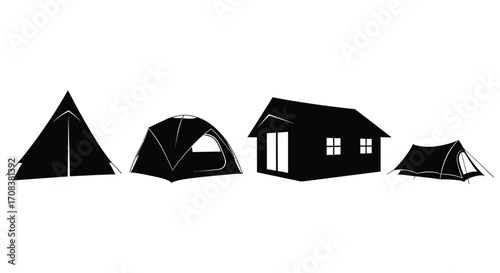 Collection of diverse silhouettes of camping tents and a small cabin structure vector