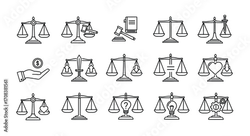 Set of justice scales icons symbolizing law fairness equality and balance in legal matters vector