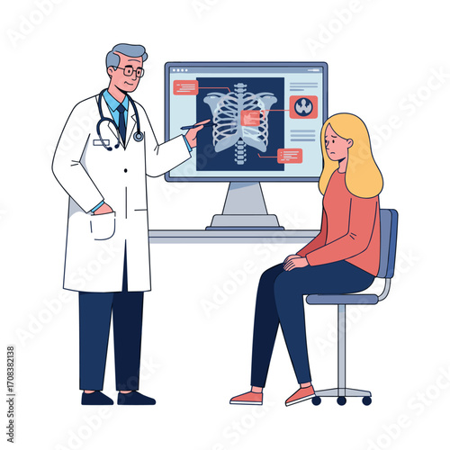 Doctor explains x-ray results to patient in medical office health care environment professional interaction. Vector illustration
