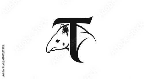 Tapir Head Silhouette with Letter T Integration in Black and White