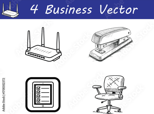 Vector illustration of vector art of four business vector icons router, stapler, checklist, and office chair