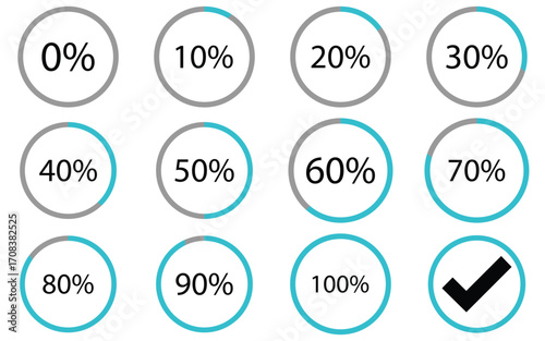 Set of Circle loading or circle progress collection. Set of circle percentage diagrams for infographics 0 10 20 30 40 50 60 70 80 90 100 percent in black.