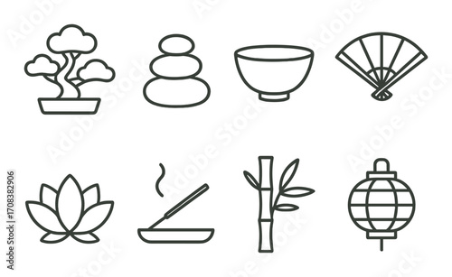 Minimalistic icons of zen elements: bonsai, stones, bowl, fan, lotus, incense, bamboo, lantern