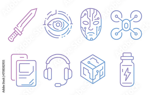 Futuristic neon icons of technology: sword, eye, mask, drone, tablets, headphones, cube, bottle