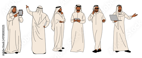 Arab Business man character in different poses, standing in traditional white clothes side, front, rear view with laptop, phone, tablet. Vector simple outline sketch illustration isolated