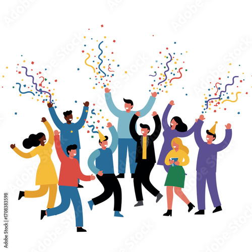 Celebration party with confetti bright colors fun atmosphere group of friends joyful gathering. Vector illustration