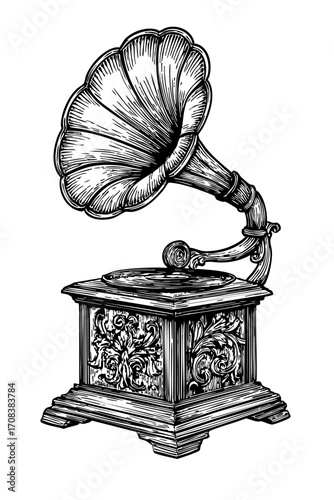 Vector Wallmate Illustration of Antique Gramophone with Ornamental Vintage Style for Classic European Cultural Interior Wall Design