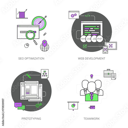 Set of Modern Line Icons for Digital Project Lifecycle and Business Collaboration
