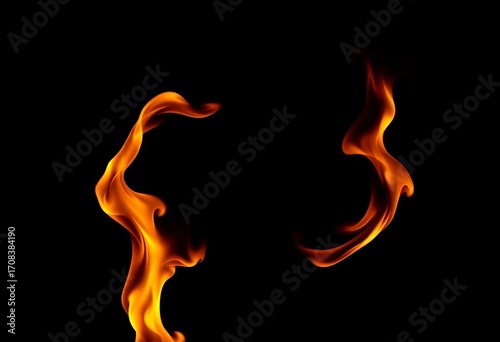 Intense orange and yellow flames dance against a stark black backdrop,  hot,  design
