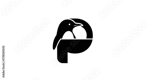 Stylized Black Penguin Logo Design with Letter P Integration