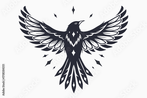 Stylized black phoenix with spread wings and sparkling accents shines with an artistic allure
