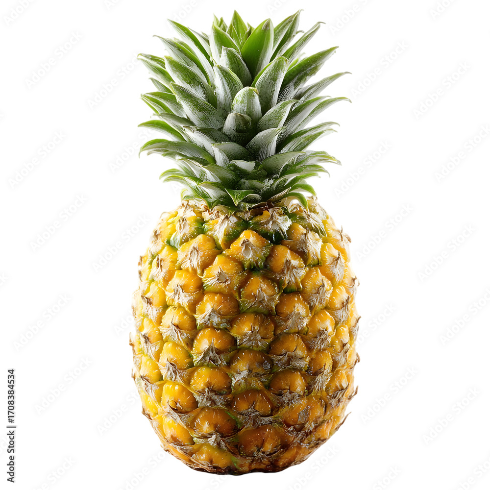 Fototapeta premium A ripe, whole pineapple with a green leafy crown, isolated on a transparent background, showcasing its textured, goldenyellow skin and tropical appeal