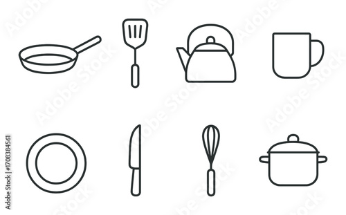 Minimalist kitchen utensils icons set: pan, spatula, pot, knife, kettle, mug, whisk, plate