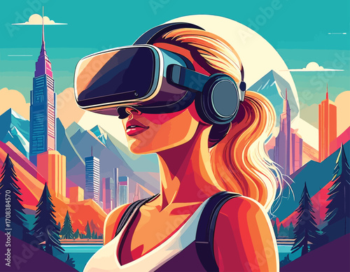 Woman Exploring Virtual Reality in a Vibrant Cityscape.