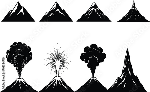 Mountain and volcano silhouette vector set, erupting volcano illustration, black and white nature graphic, landscape elements, adventure, outdoor, geology design