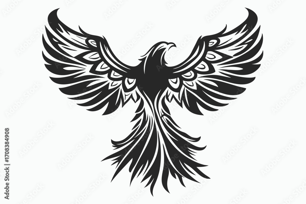 Obraz premium Stylized phoenix soars with intricately patterned feathers showcased in a striking black and white image