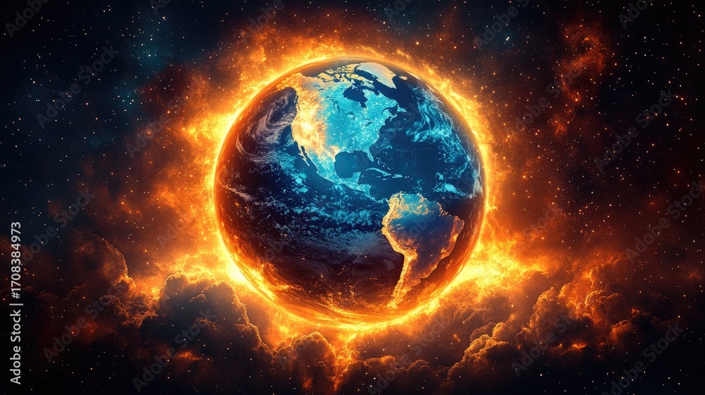 Obraz premium Burning Earth, Cosmic Flames, Planet in Peril