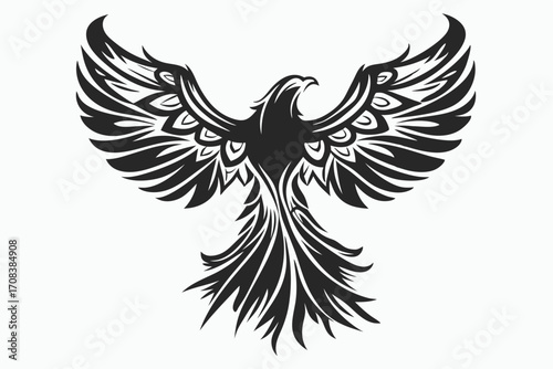 Stylized phoenix soars with intricately patterned feathers showcased in a striking black and white image