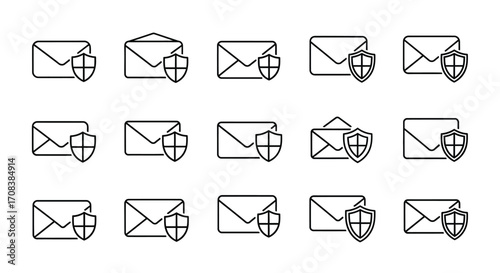 Secure email icon set envelopes with shield symbols for cybersecurity and privacy vector