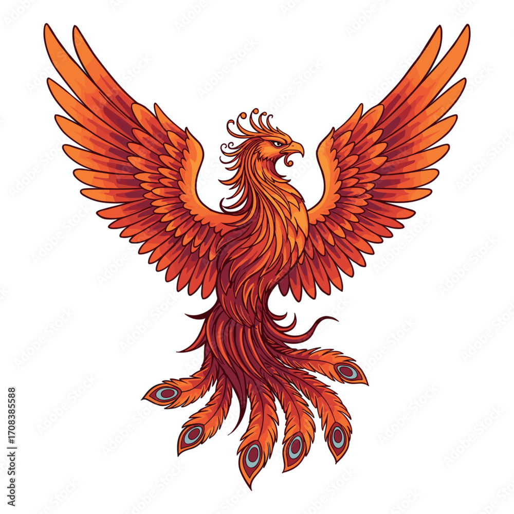 Fototapeta premium Majestic phoenix rising fantasy realm digital art vibrant colors view symbol of rebirth. Vector illustration