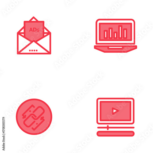 Essential Digital Marketing Icons for Online Advertising, Analytics, SEO, and Video Content