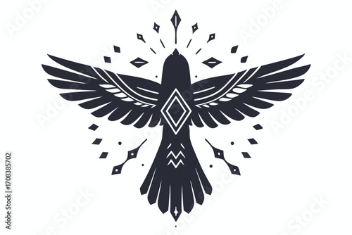 Ornate stylized bird soars majestically, adorned with diamonds and unique markings in black silhouette