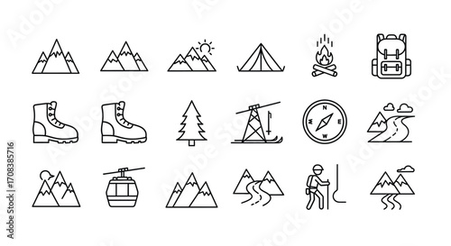 Collection of hand-drawn outdoor adventure icons for camping hiking and mountaineering activities vector