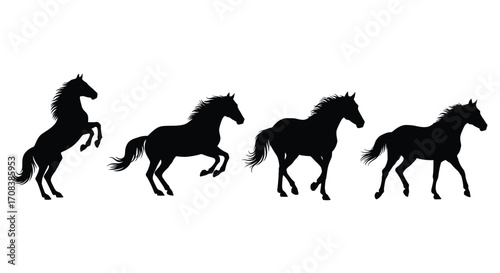 Silhouette of four horses in different galloping poses dynamic motion collection vector