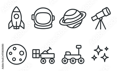 Space exploration icons: rocket, astronaut, planet, telescope, moon, rover