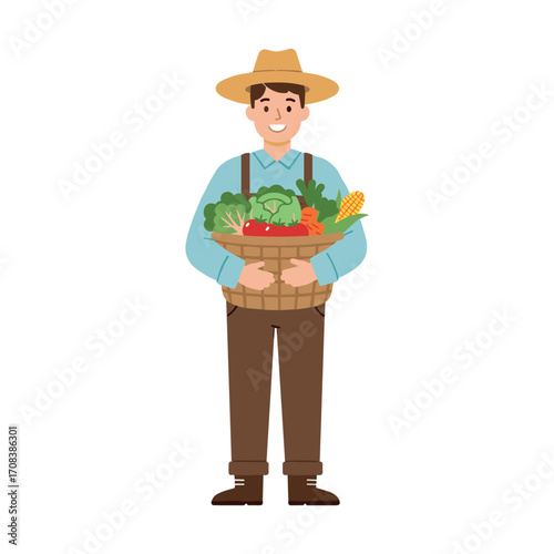 Farmer harvesting fresh vegetables community farm digital illustration rural setting front view agriculture concept. Vector illustration