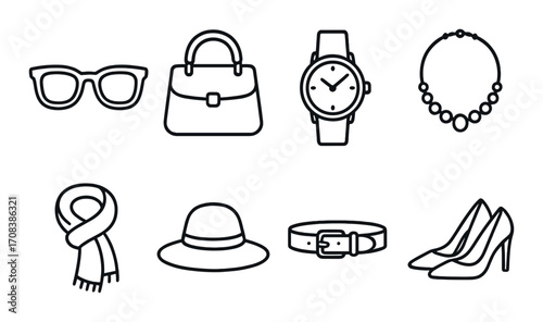 Stylish accessories collection: bag, watch, necklace, hat, belt, heels, sunglasses, scarf