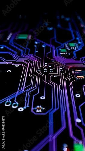 Abstract Computer Circuit Board Background with Blue and Purple Lines Glowing