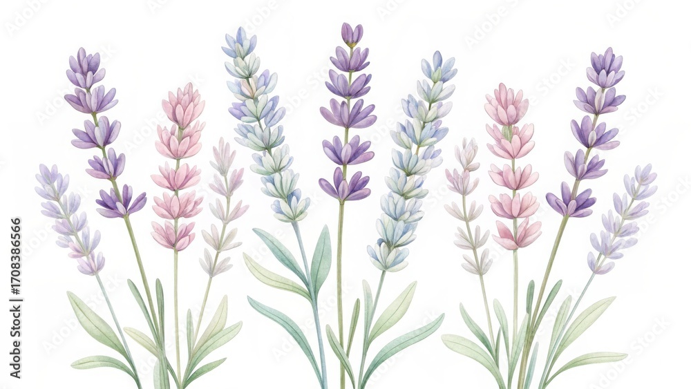 Naklejka premium Watercolor lavender flowers isolated on white background, a colorful and artistic floral illustration for various designs
