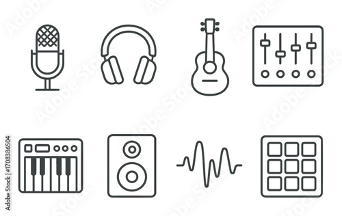 Audio equipment icons: microphone, headphones, guitar, mixer, keyboard, speaker, waveform, pad
