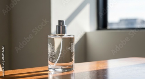 Clear glass perfume bottle on a wooden table, sunlight through a window