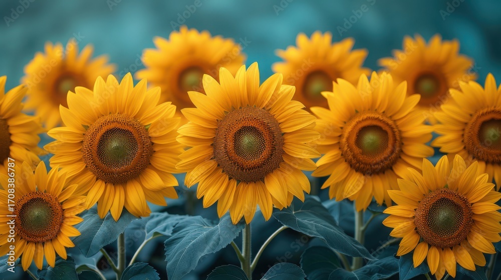 Fototapeta premium Field of Bright Yellow Sunflowers on a Moody Teal Background