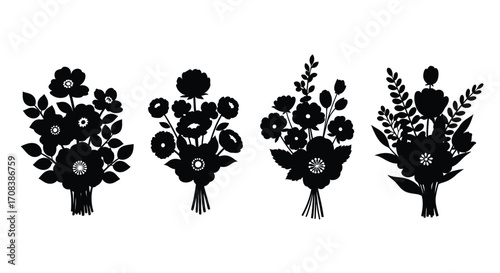 Set of four black silhouette floral bouquets with different flower arrangements and leaf styles vector
