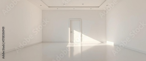 Modern minimalist empty room, single door, bright light, decor, room