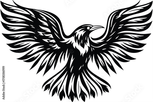 Striking raven spreads its intricately designed stylized wings in a bold monochrome silhouette against white