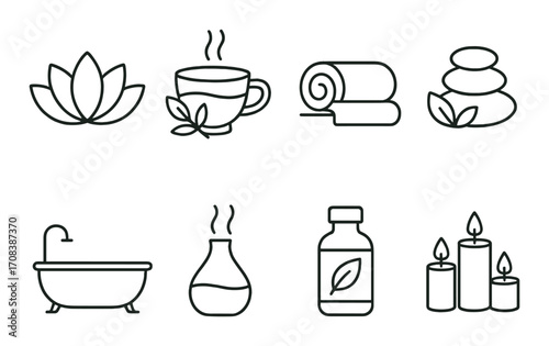 Minimalist spa icons: lotus, tea, towel, stones, bathtub, aromatherapy, oils, candles