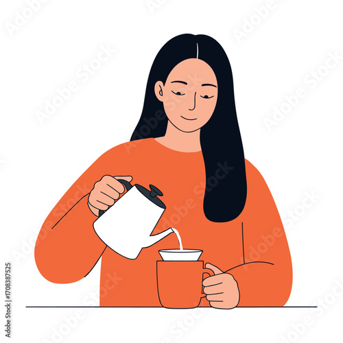 Pouring smooth coffee at home lifestyle image cozy environment view daily ritual concept. Vector illustration