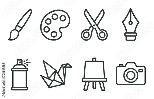 Art tools icons: brush, palette, scissors, pen, spray, origami, easel, camera symbols