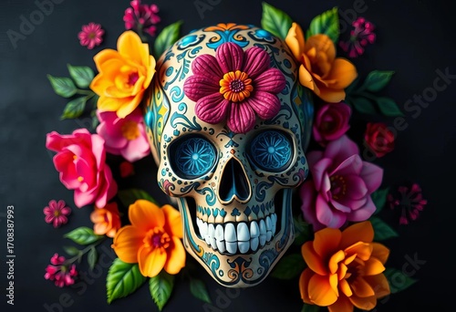 Ornate sugar skull with vibrant floral details on black background,  skull,   gothic