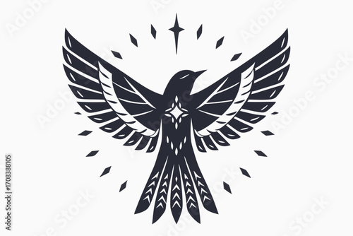 Stylized black soaring bird spreads its wings amidst shining starbursts and diamond particles here