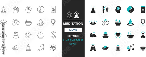 Meditation icon set line and solid style. Mindfulness, calm, yoga, breath, lotus, peace, harmony, relax, focus, balance vector collection.