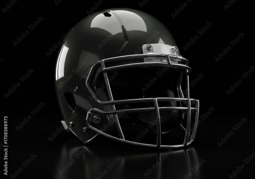 Fototapeta premium A dark, glossy football helmet, highlighted by a metallic face mask, is featured against a black backdrop.