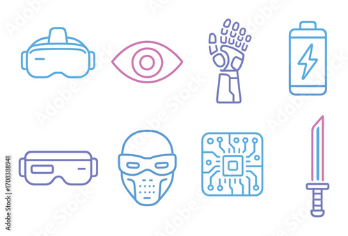 Futuristic neon icons: virtual reality, robotics, electronics, cyberspace, ai