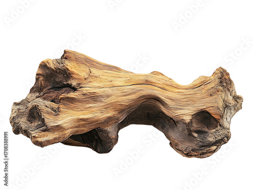 Gnarly weathered driftwood piece with interesting texture isolated on transparent background